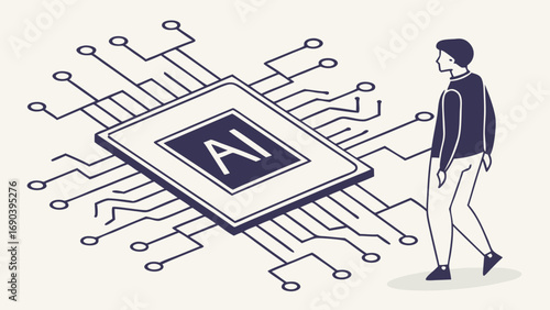 AI technology futuristic concept digital transformation artificial intelligence microchip circuit board innovation technology background modern design vector illustration person looking at AI man obs.