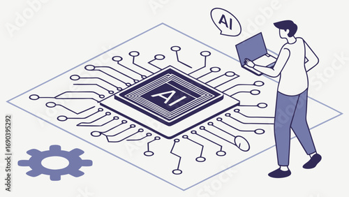 AI Technology Person using Laptop Circuit Board Artificial Intelligence Digital Innovation Modern Technology Computer Chip Data Processing Network System Development Innovation futuristic technology .