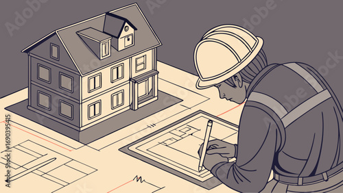 Architect designing a house blueprint construction home design isometric illustration.