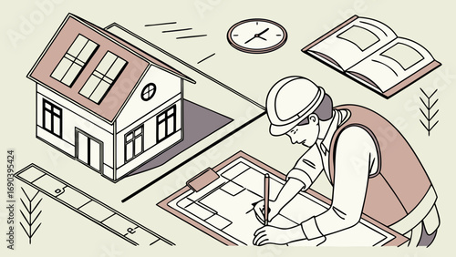 Architect designing a house plan isometric illustration home construction blueprint engineering design home building architectural drawing house project construction plan building design home bluepri.