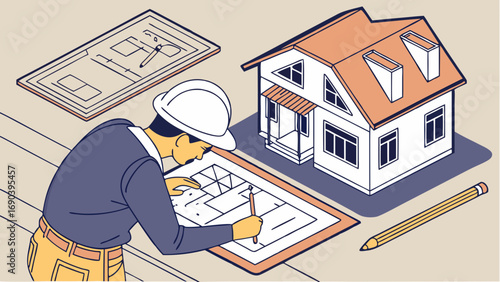 Architect Designing House Plan Isometric Illustration of Home Construction Blueprint and Pencil.