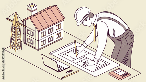 Architect working on house blueprints isometric illustration construction design home building project.
