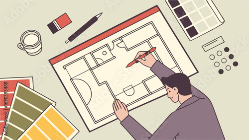 Architectural Design Home Floor Plan Interior Design Drafting Workspace Person Working Top View Flat Lay Professional Designer Creative Process Planning Home Improvement House Blueprint Room Layout D.