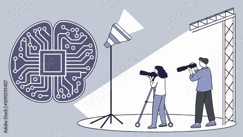 Artificial Intelligence Photography Studio Concept Two Photographers Shooting Circuit Brain Illustration Digital Technology and Creativity.
