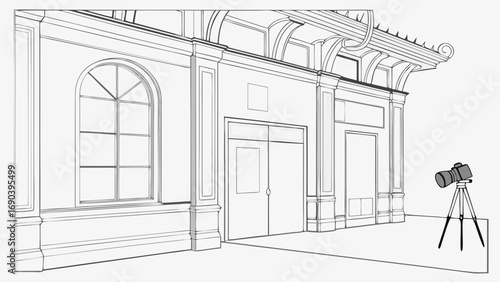 Architectural Sketch Classic Building Facade Camera on Tripod Design Illustration Interior Exterior Design Concept.
