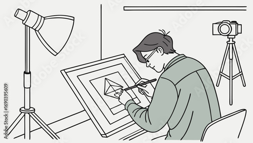 Artist drawing geometric shapes in studio with camera and lighting equipment.