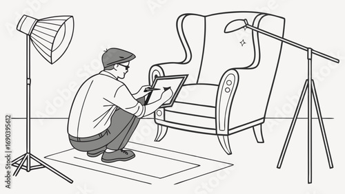 Artist sketching a chair in a studio setting with lighting equipment.