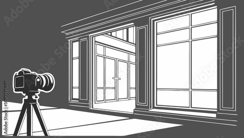 Camera on tripod photographing interior architectural design modern home elegant doors and windows.