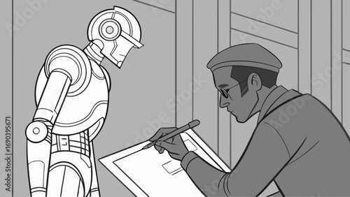 Artist sketching a robot design futuristic concept art monochrome illustration.