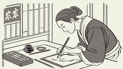Asian Calligraphy Artist at Work Ink Brush Painting Traditional Asian Art Eastern Culture Illustration.
