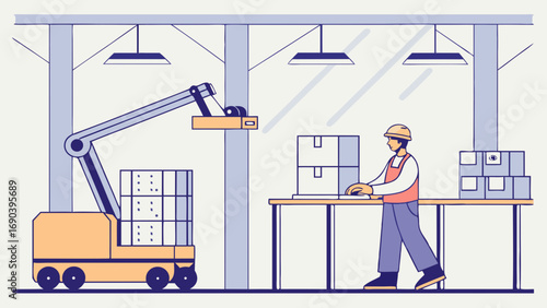 Automated Warehouse Robotic Arm and Worker Handling Packages.