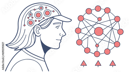 Conceptual illustration of a network connecting to the brain mind map neural network abstract design technology concept.