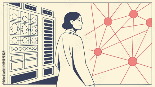 Conceptual illustration of a woman in front of a server room and network diagram.