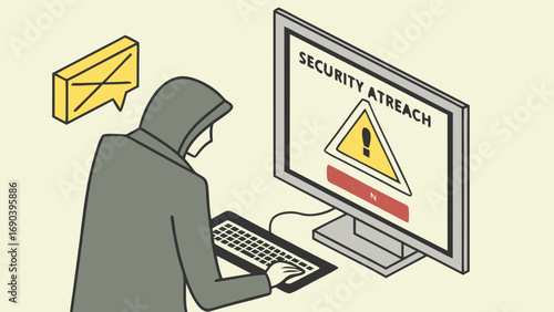 Cybersecurity breach alert on computer screen hooded figure typing on keyboard isometric illustration.