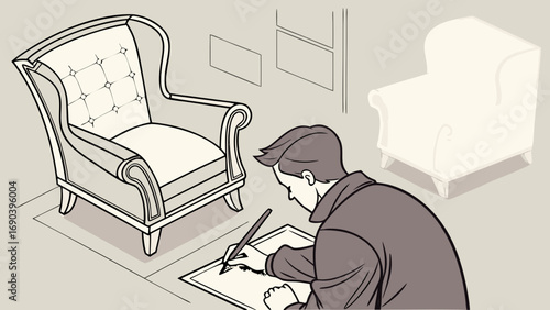 Designer sketching armchair interior design concept furniture blueprint home decor illustration.