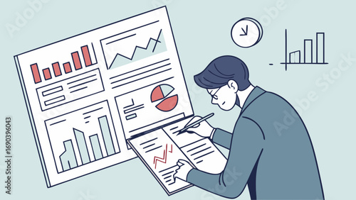 Businessperson analyzing data charts and graphs reviewing financial report making notes working on business strategy planning financial analysis market research investment strategy business success g.
