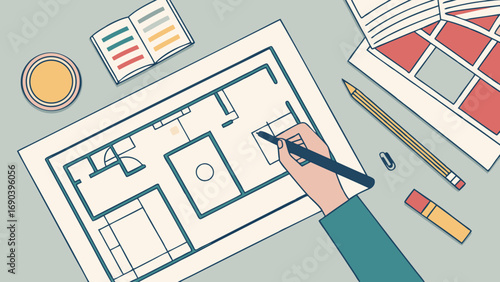 Designing a floor plan architectural drawing home renovation interior design hand drawing blueprint top view workspace color palette pencil eraser office supplies home design project creative process.