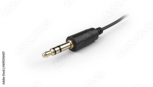 3.5mm audio jack connector with black cable and gold tip on white background  