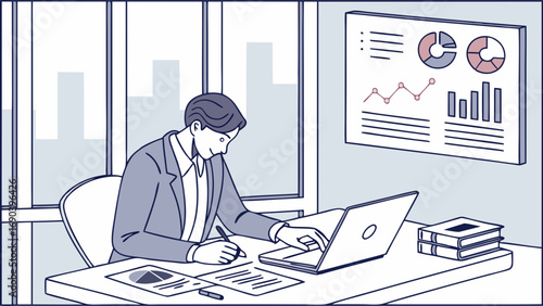 Businessperson working at desk with laptop and charts illustration.