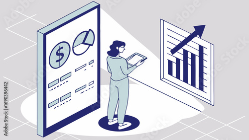 Businesswoman analyzing financial data on tablet charts and graphs illustrating growth isometric view illustration.