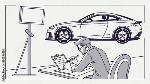 Car Inspection Vehicle Appraisal Automotive Assessment Man Filling out Documents New Car Dealership Illustration Sales Contract Auto Check Inspection Form Car Evaluation Automotive Illustration Moder.