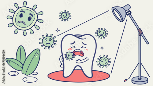 Cartoon Tooth Character with Viruses and Studio Lighting Illustration.
