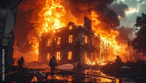 Burning Building: The building is engulfed in an inferno. The roaring flames, fueled by intense heat, consume the structure, casting an eerie glow that illuminates the night.