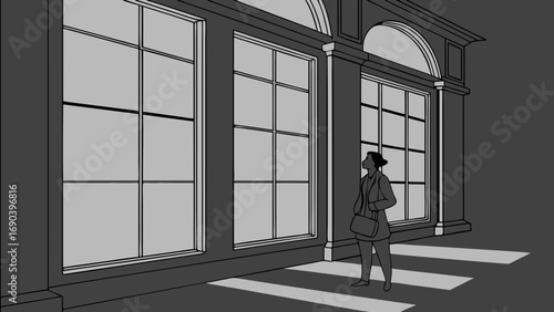 Contemporary grayscale illustration of a person standing near large windows.
