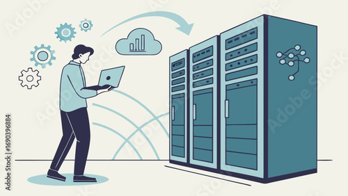 Data Center Server Room IT Technician Working on Laptop Cloud Computing Network Infrastructure Illustration.