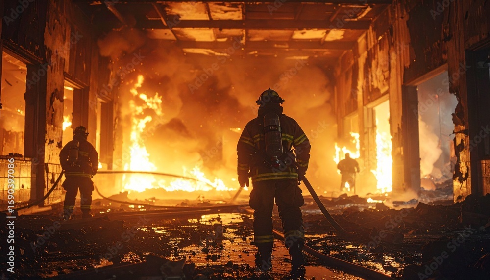 Fototapeta premium Inferno Guardians: Brave firefighters stand defiantly amidst the roaring inferno, battling flames, smoke, and heat. A gripping display of courage.