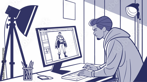 Digital Artist Working on Computer Character Design Illustration Graphic Design Studio Setup.