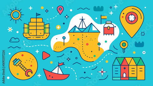 Treasure map with pirate ship, island, compass and colorful travel icons in flat cartoon style