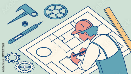 Engineering design blueprint architect worker gears tools construction plan drafting project industrial manufacturing mechanism technology drawing sketch technical illustration graphic design element.