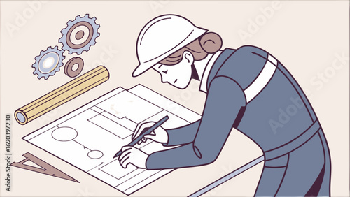 Engineering Design Blueprint Architect Construction Professional Worker Industry Technology Gears Drawing Plan Female Engineer Drafting Workplace Professionalism Design Process Mechanical Engineering.