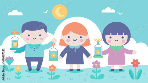 Smiling children holding lanterns in a sunny flower field with blue sky in cute flat cartoon style