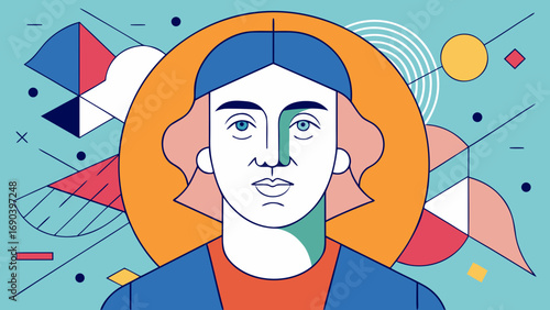 Abstract portrait of Christopher Columbus with geometric shapes and colorful background in modern flat style