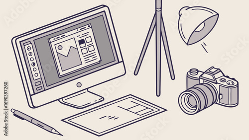 Digital Photography Workstation Computer Camera and Studio Lighting Setup Illustration.