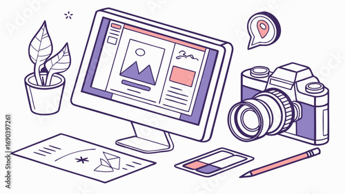 Digital Photography Workspace Photo Editing Software Camera Design Elements Desktop Computer Graphic Design Illustration Flat Lay isometric Modern Creative Workspace Office Supplies Pencil Plant Loca.