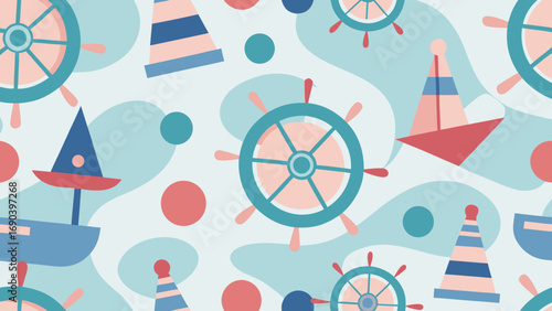 Seamless pattern with ship wheels, sailboats and buoys in pastel colors on a marine-themed background