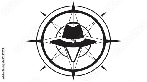 Black compass rose with a fedora hat symbol in the center, combining navigation and explorer themes in minimal style