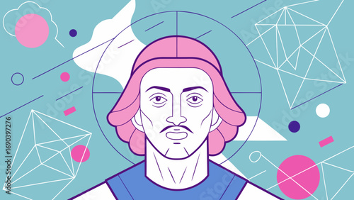 Modern abstract portrait of Christopher Columbus with geometric shapes and pastel colors in flat style