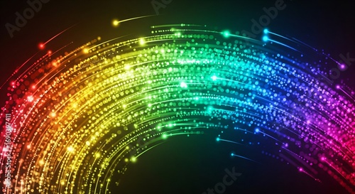 Vibrant rainbow arc of glowing dots & lines in red, yellow, green, blue, purple hues on black background. Dynamic, techno vibe. AI Generated