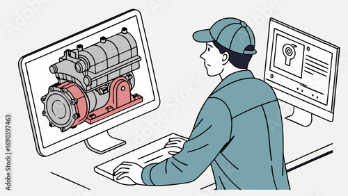 Engineer working on computer-aided design CAD software designing a mechanical part industrial illustration technical drawing.