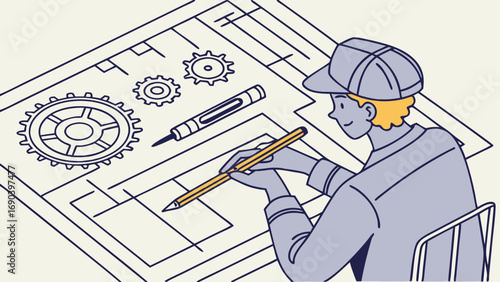 Engineering design gears blueprint technician drawing illustration technical drawing mechanical engineering industrial design graphic design concept art project planning worker profession occupation .