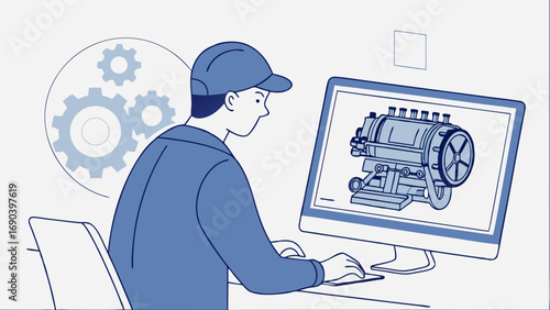 Engineering Design Software CAD illustration Mechanical Engineer Computer screen Blueprint Machine Part Industrial Design Technology Concept.