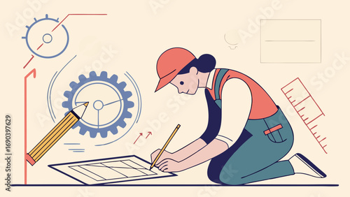 Engineering Design Technical Drawing Architect Blueprint Construction Worker Drafting Illustration Gear Pencil Ruler Plan Project Professional Skill Expertise Industrial Mechanical Graphic Design Tem.