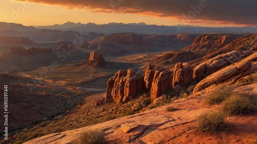 Sunset desert canyon with red rocks, glowing light, atmospheric southwest landscape