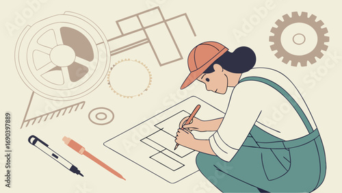 Engineering design blueprint female engineer gears technical drawing industrial design woman working mechanical engineering construction plan architecture plan professional occupation career workplac.