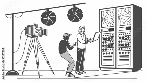 Film Production Studio Movie Making Process Video Recording Behind the Scenes Technicians Working Film Equipment Camera Operator Digital Editing Studio Lighting Broadcasting Technology Video Producti.