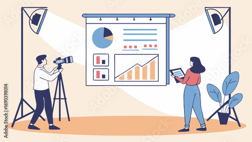 Filming a business presentation with charts and graphs studio setup professional photoshoot marketing materials.